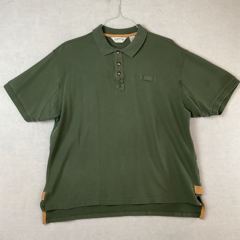 Orvis Mens Large Olive Green Cotton‎ Pique Short Sleeve Polo Shirt Side Vents